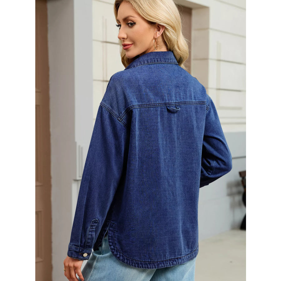 Button Up Dropped Shoulder Denim Jacket Apparel and Accessories