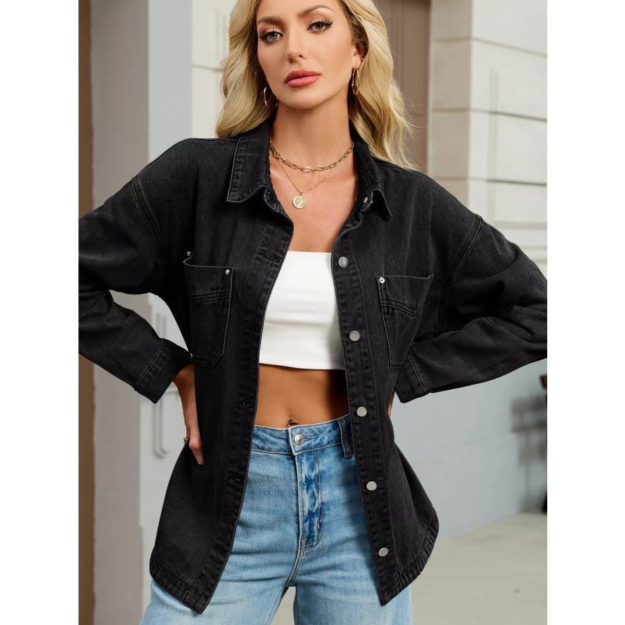 Button Up Dropped Shoulder Denim Jacket Apparel and Accessories