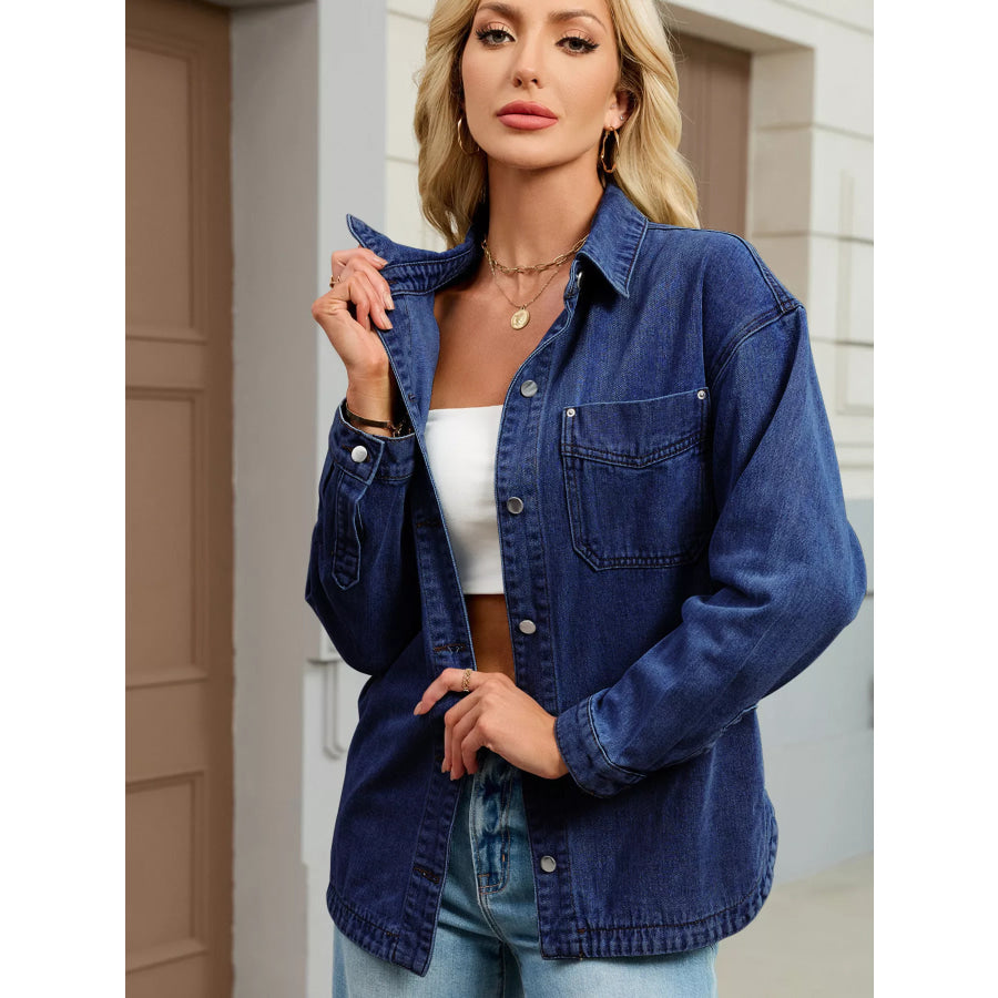 Button Up Dropped Shoulder Denim Jacket Apparel and Accessories