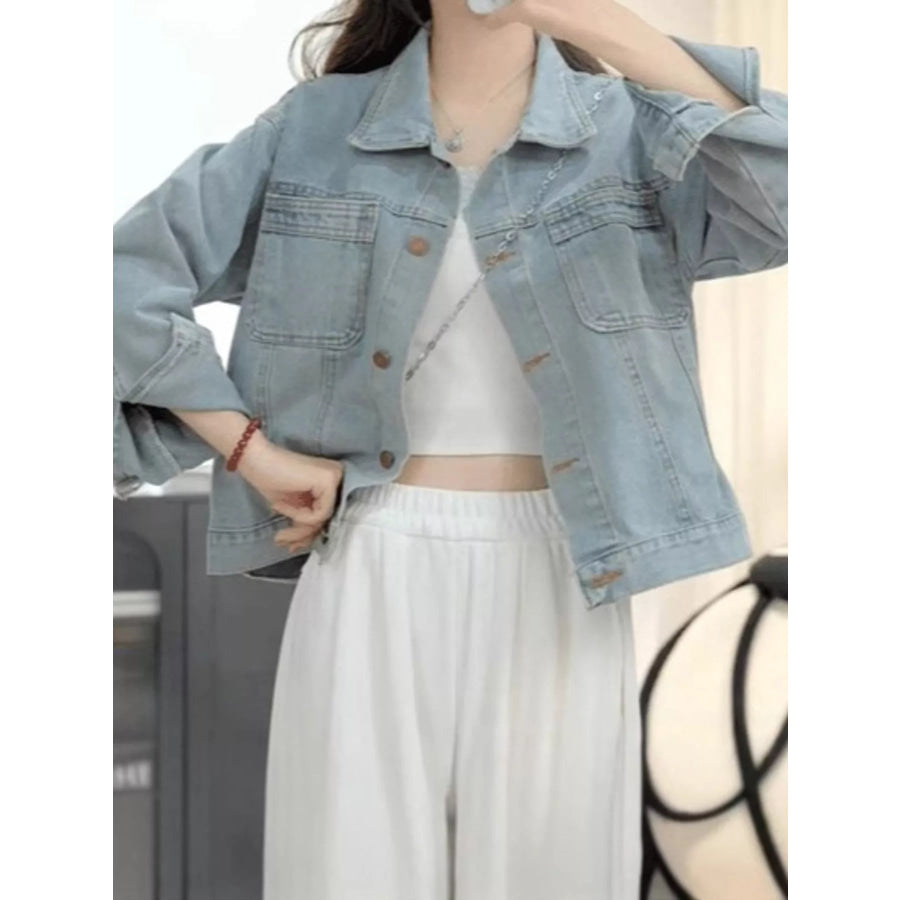 Button Up Dropped Shoulder Denim Jacket Apparel and Accessories