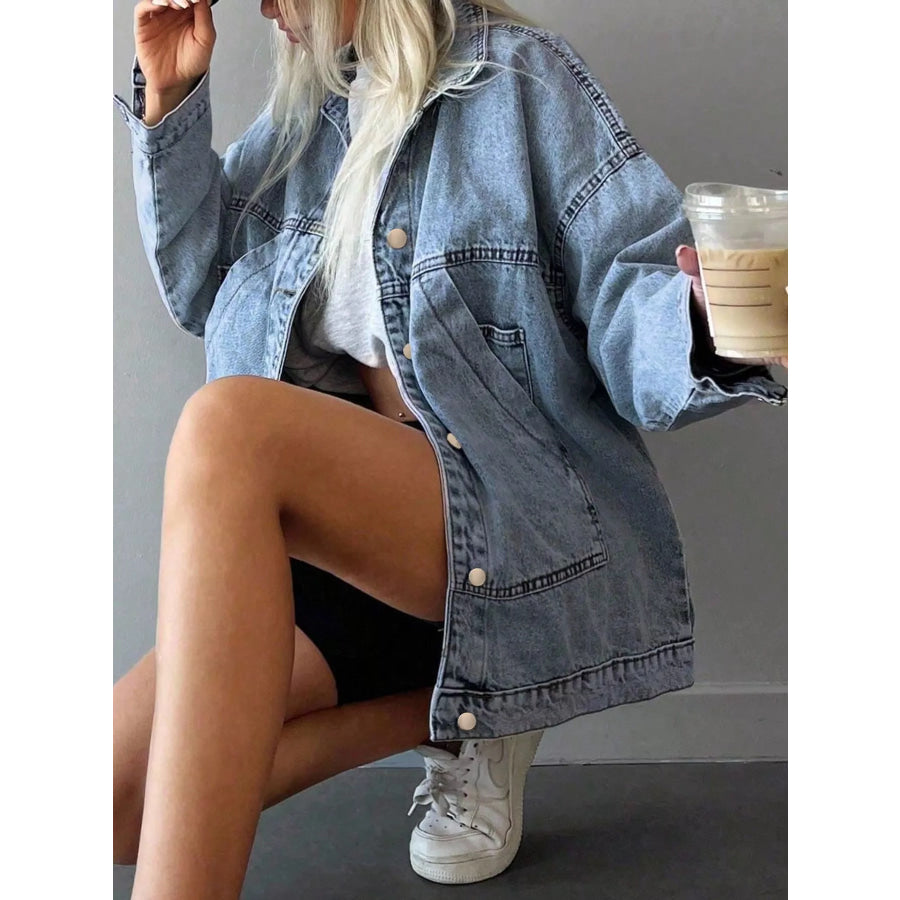 Button Up Dropped Shoulder Denim Jacket Apparel and Accessories