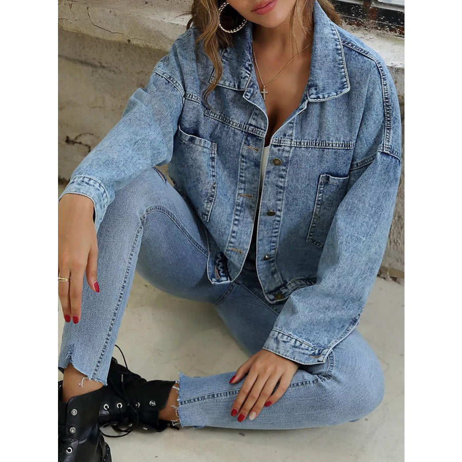 Button Up Dropped Shoulder Denim Jacket Apparel and Accessories