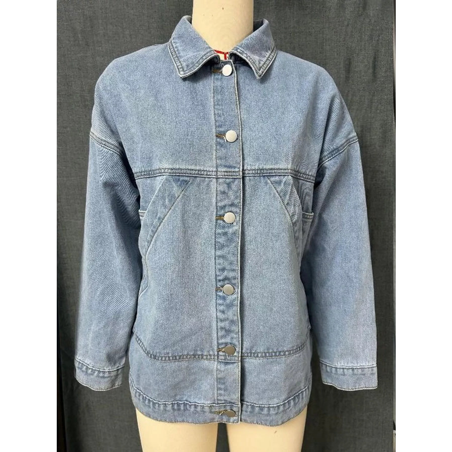 Button Up Dropped Shoulder Denim Jacket Apparel and Accessories