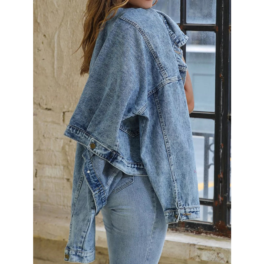 Button Up Dropped Shoulder Denim Jacket Apparel and Accessories