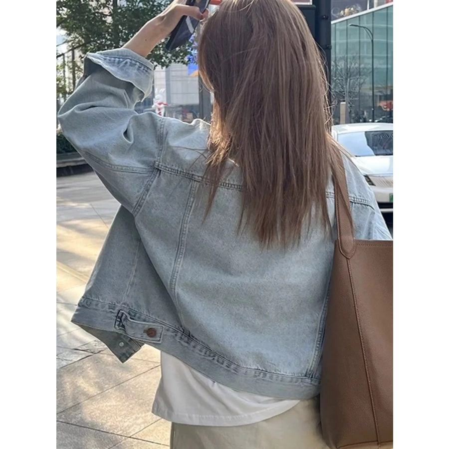 Button Up Dropped Shoulder Denim Jacket Apparel and Accessories