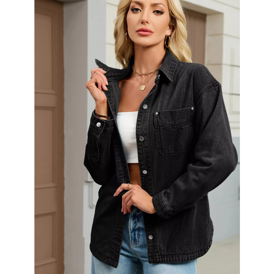 Button Up Dropped Shoulder Denim Jacket Apparel and Accessories