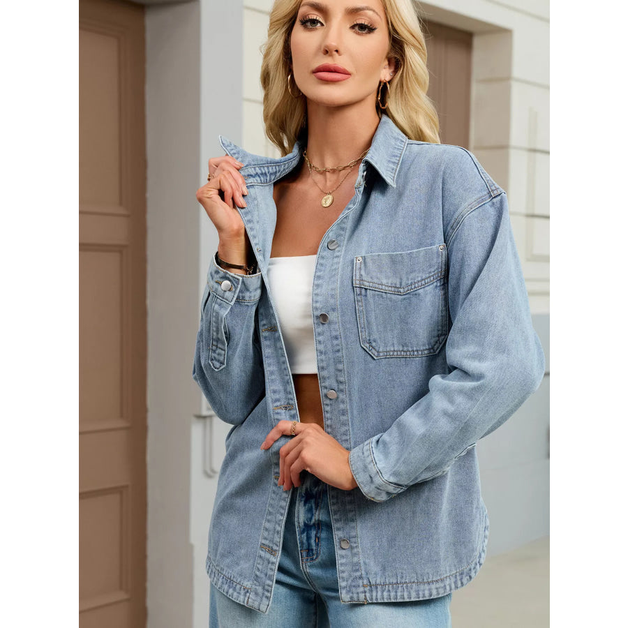 Button Up Dropped Shoulder Denim Jacket Apparel and Accessories