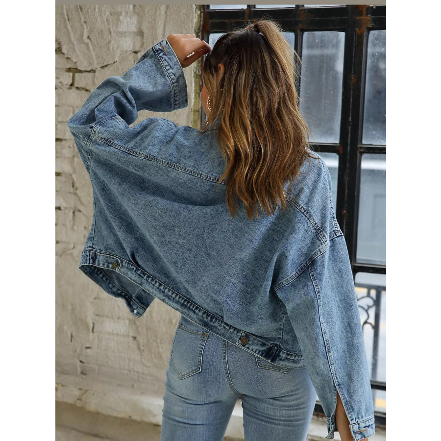 Button Up Dropped Shoulder Denim Jacket Apparel and Accessories