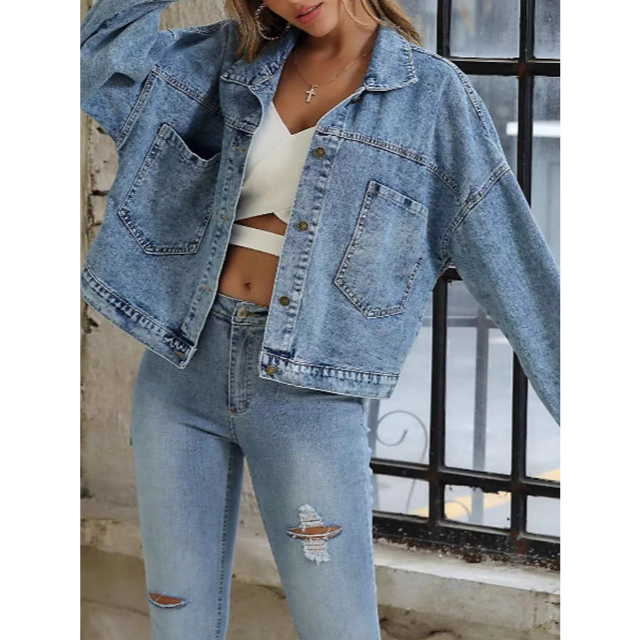 Button Up Dropped Shoulder Denim Jacket Apparel and Accessories