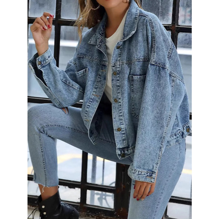 Button Up Dropped Shoulder Denim Jacket Apparel and Accessories