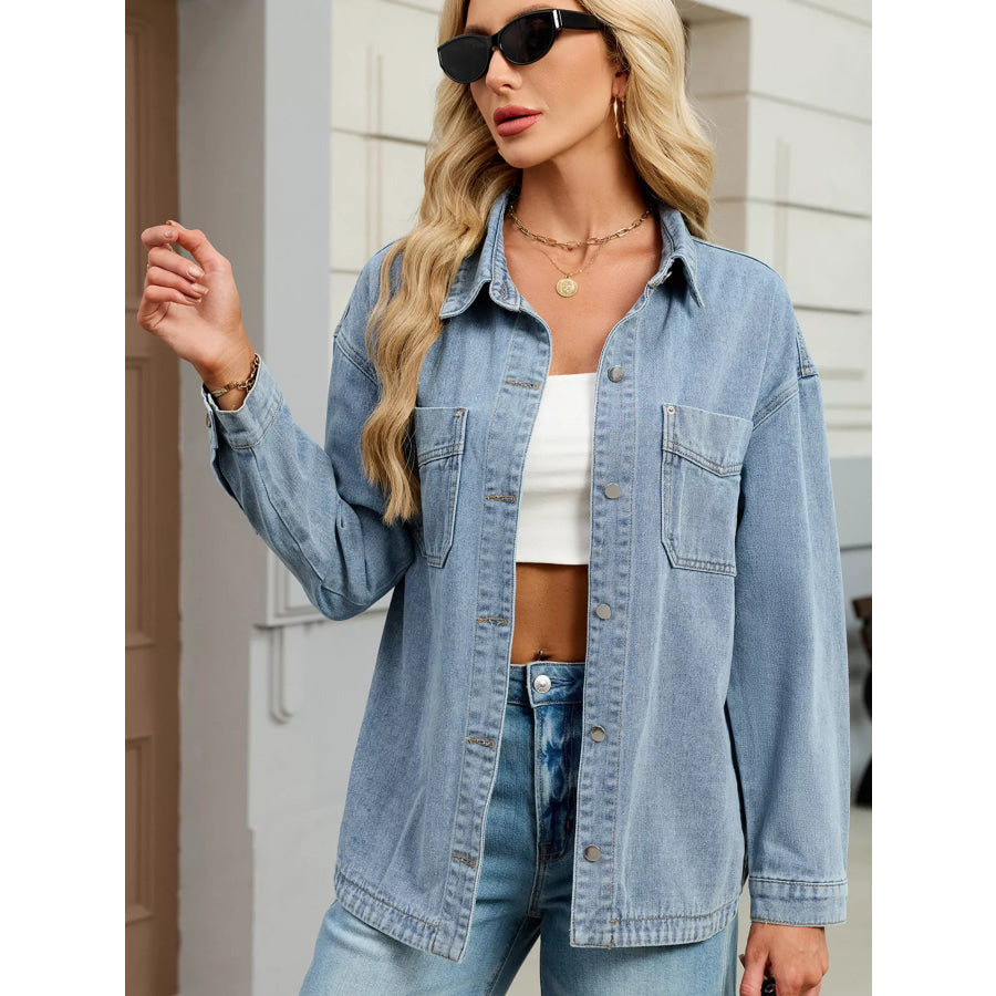 Button Up Dropped Shoulder Denim Jacket Apparel and Accessories