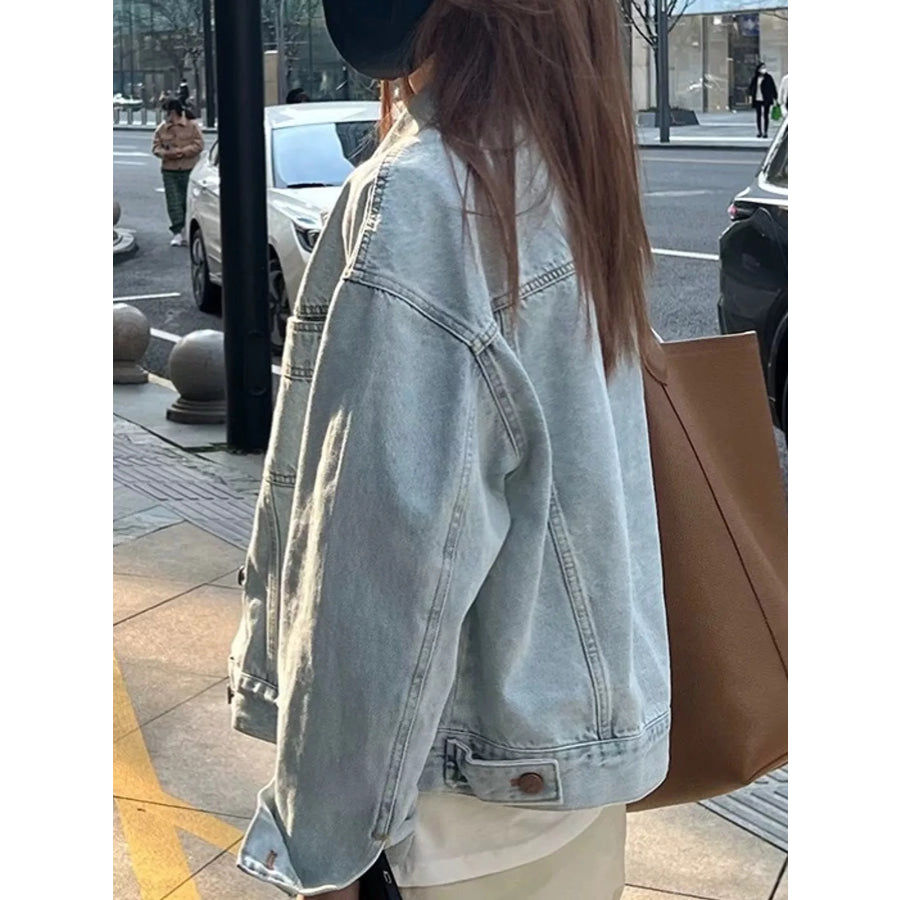 Button Up Dropped Shoulder Denim Jacket Blue / S Apparel and Accessories