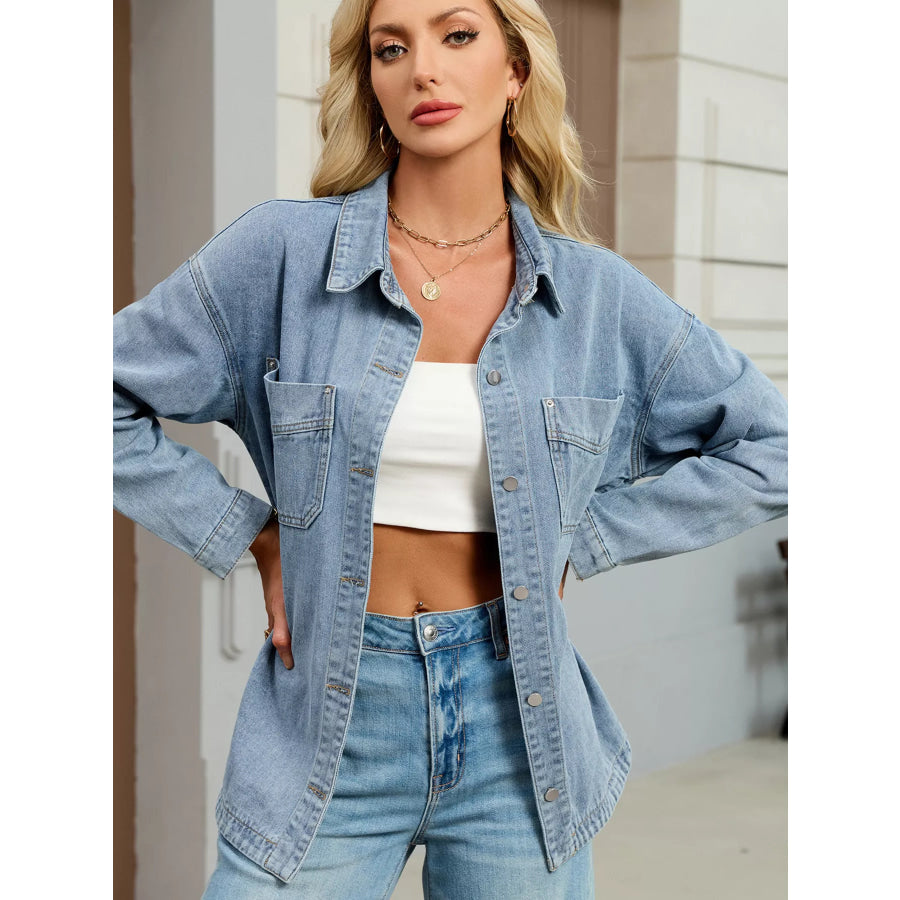 Button Up Dropped Shoulder Denim Jacket Apparel and Accessories