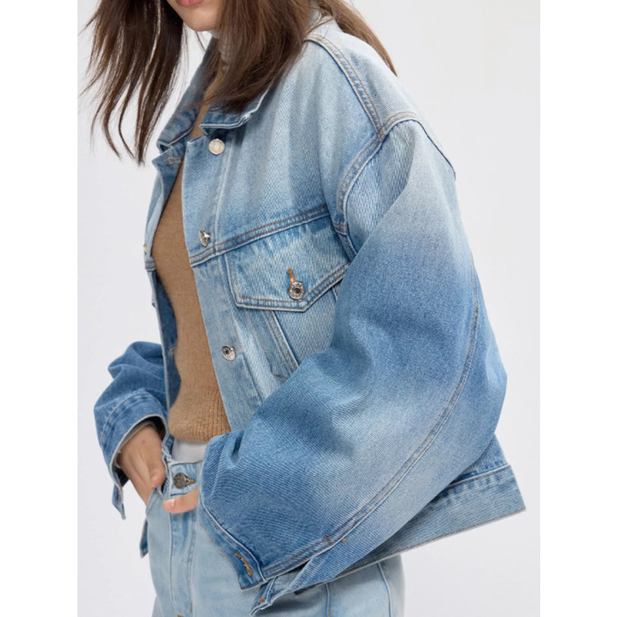 Button Up Dropped Shoulder Denim Jacket Apparel and Accessories