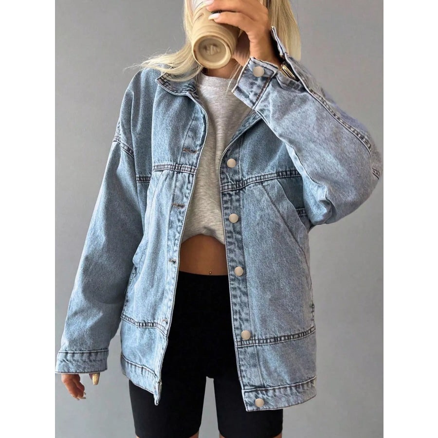 Button Up Dropped Shoulder Denim Jacket Apparel and Accessories