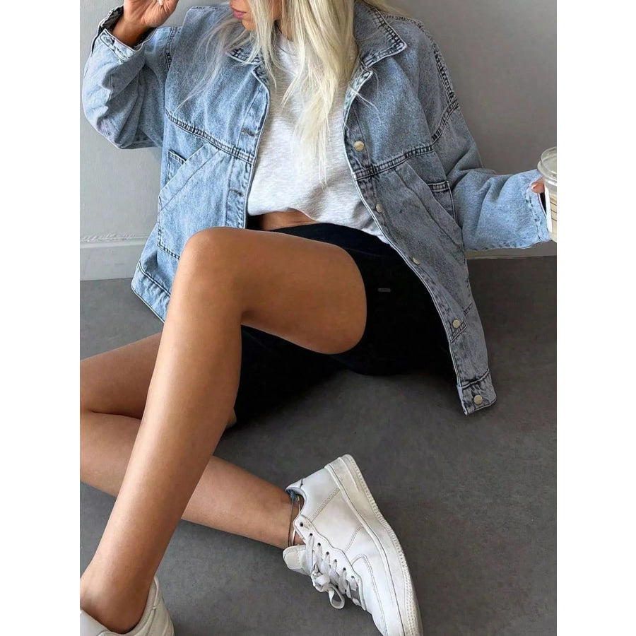 Button Up Dropped Shoulder Denim Jacket Apparel and Accessories