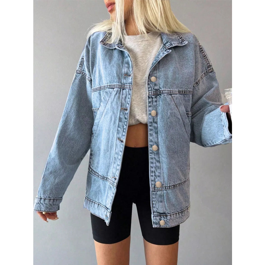 Button Up Dropped Shoulder Denim Jacket Apparel and Accessories