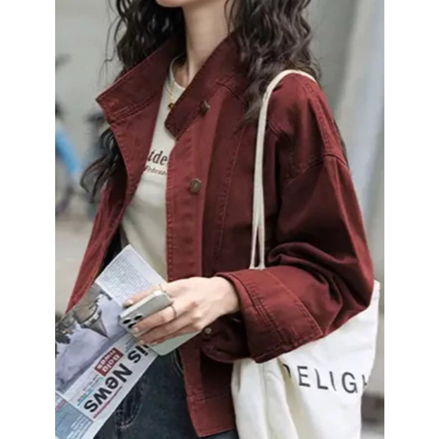Button Up Dropped Shoulder Denim Jacket Apparel and Accessories
