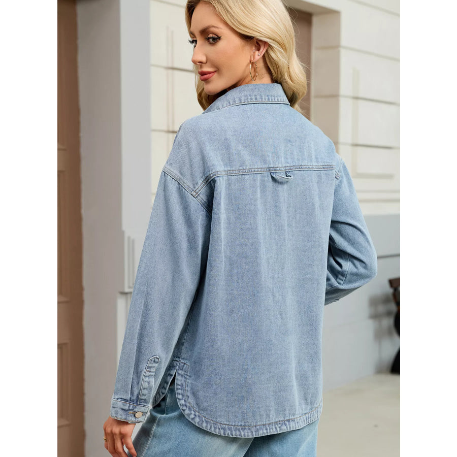 Button Up Dropped Shoulder Denim Jacket Apparel and Accessories