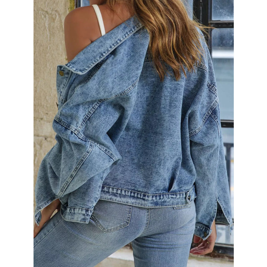 Button Up Dropped Shoulder Denim Jacket Apparel and Accessories