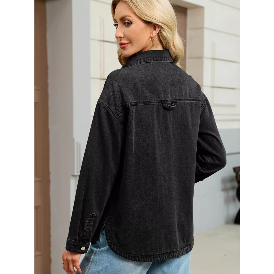 Button Up Dropped Shoulder Denim Jacket Apparel and Accessories