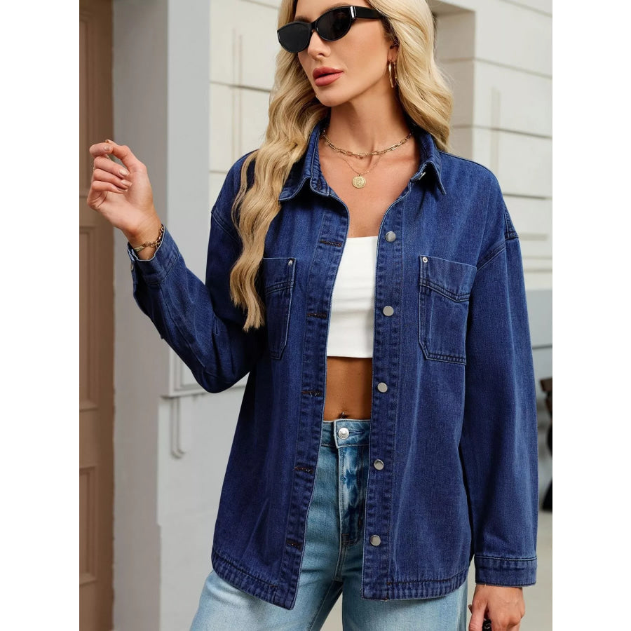 Button Up Dropped Shoulder Denim Jacket Apparel and Accessories