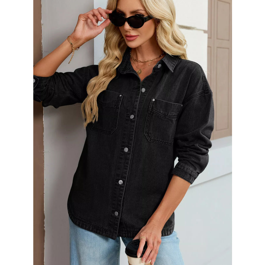 Button Up Dropped Shoulder Denim Jacket Black / S Apparel and Accessories