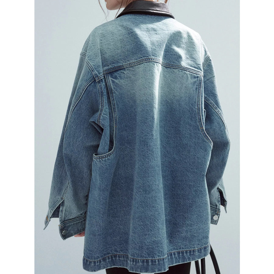 Button Up Dropped Shoulder Denim Jacket Blue / One Size Apparel and Accessories