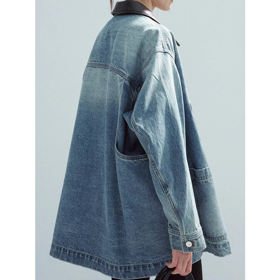Button Up Dropped Shoulder Denim Jacket Blue / One Size Apparel and Accessories