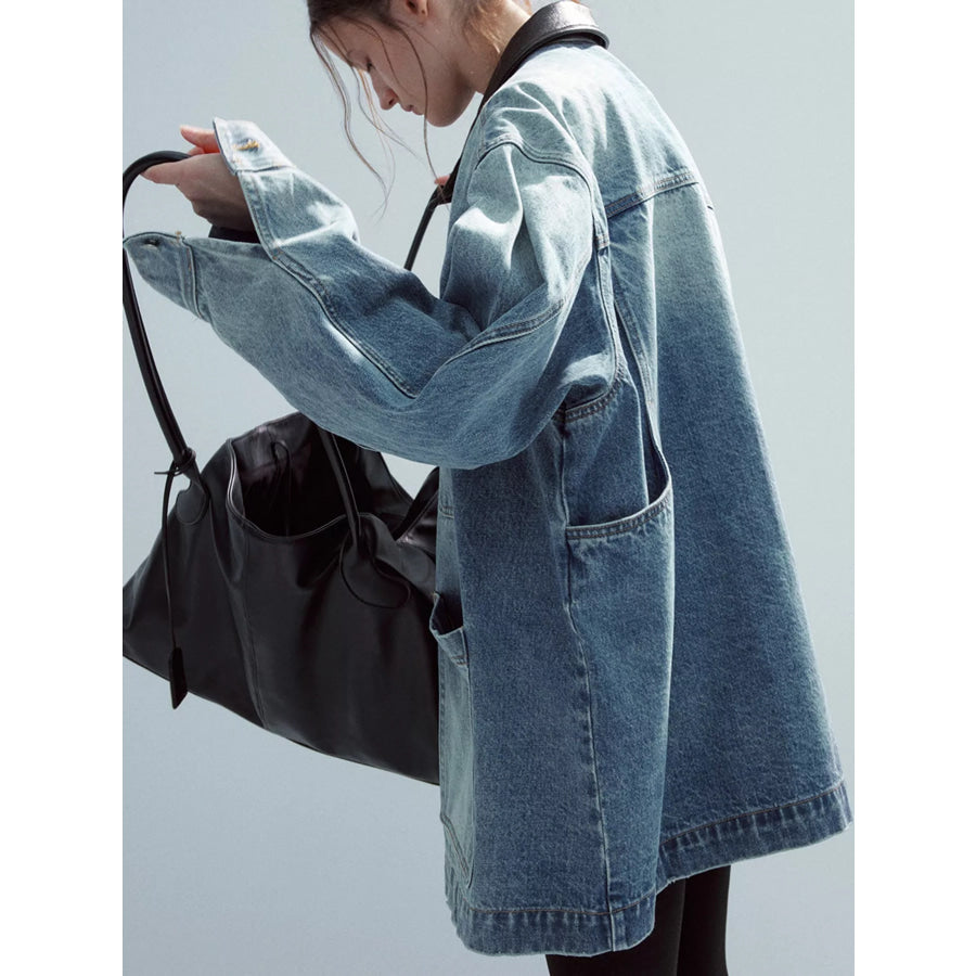 Button Up Dropped Shoulder Denim Jacket Blue / One Size Apparel and Accessories