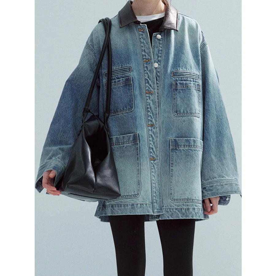 Button Up Dropped Shoulder Denim Jacket Blue / One Size Apparel and Accessories