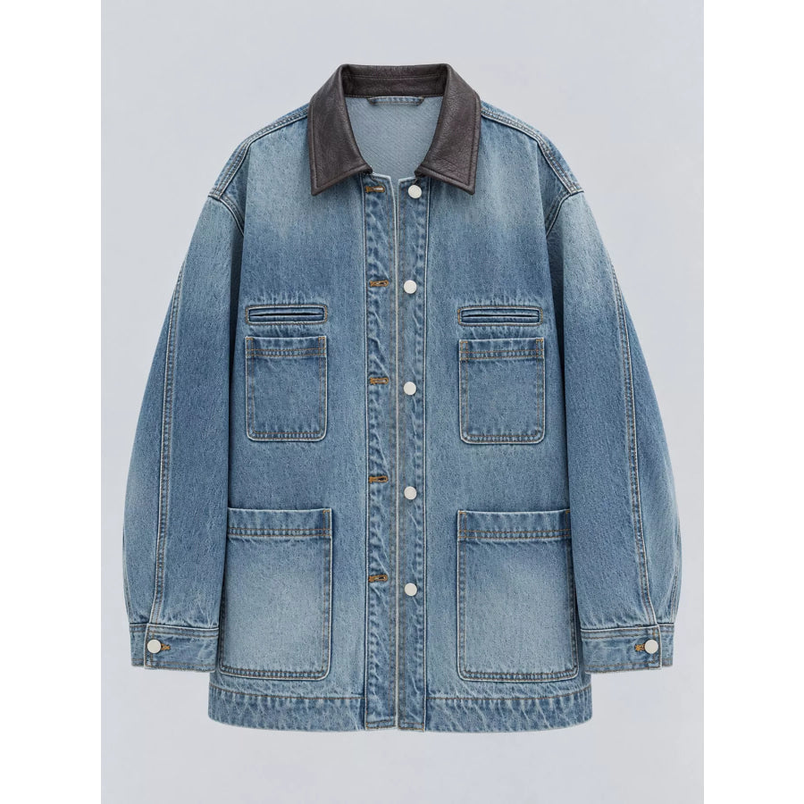 Button Up Dropped Shoulder Denim Jacket Blue / One Size Apparel and Accessories