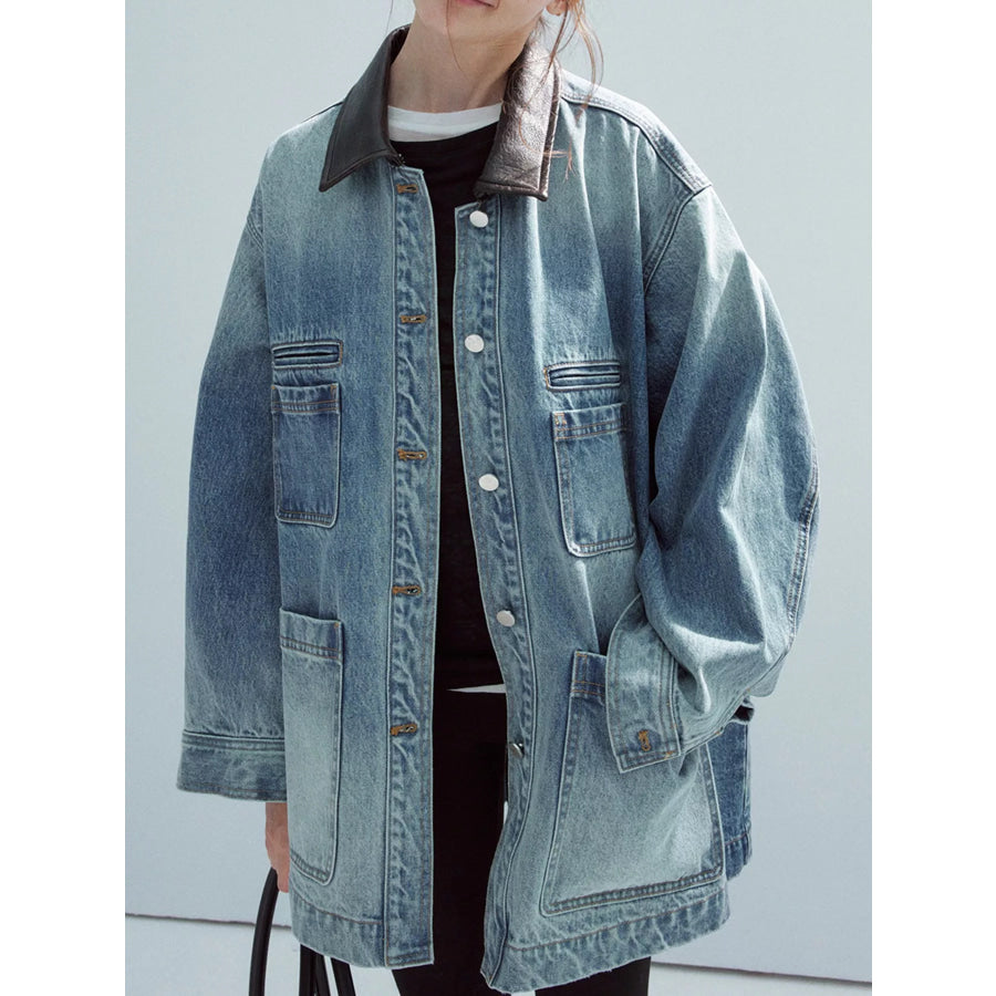 Button Up Dropped Shoulder Denim Jacket Blue / One Size Apparel and Accessories