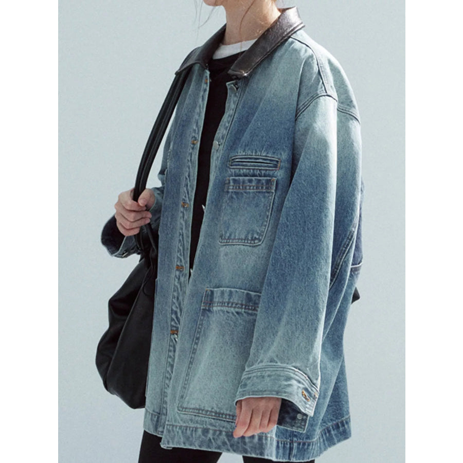 Button Up Dropped Shoulder Denim Jacket Blue / One Size Apparel and Accessories