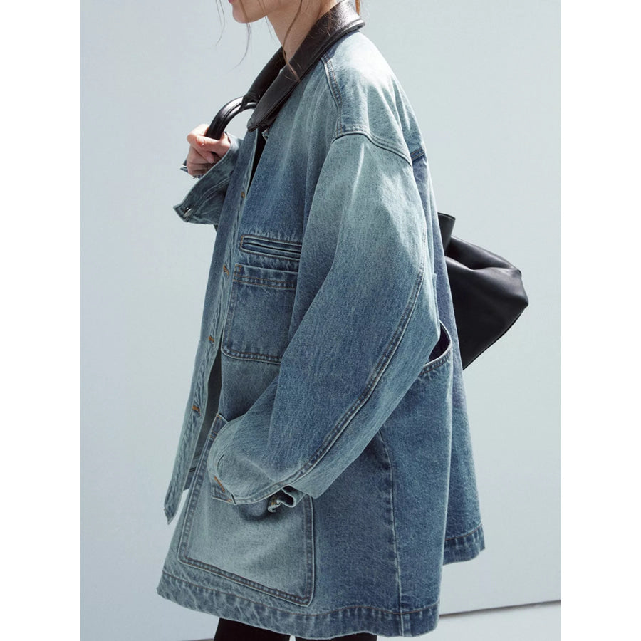 Button Up Dropped Shoulder Denim Jacket Blue / One Size Apparel and Accessories