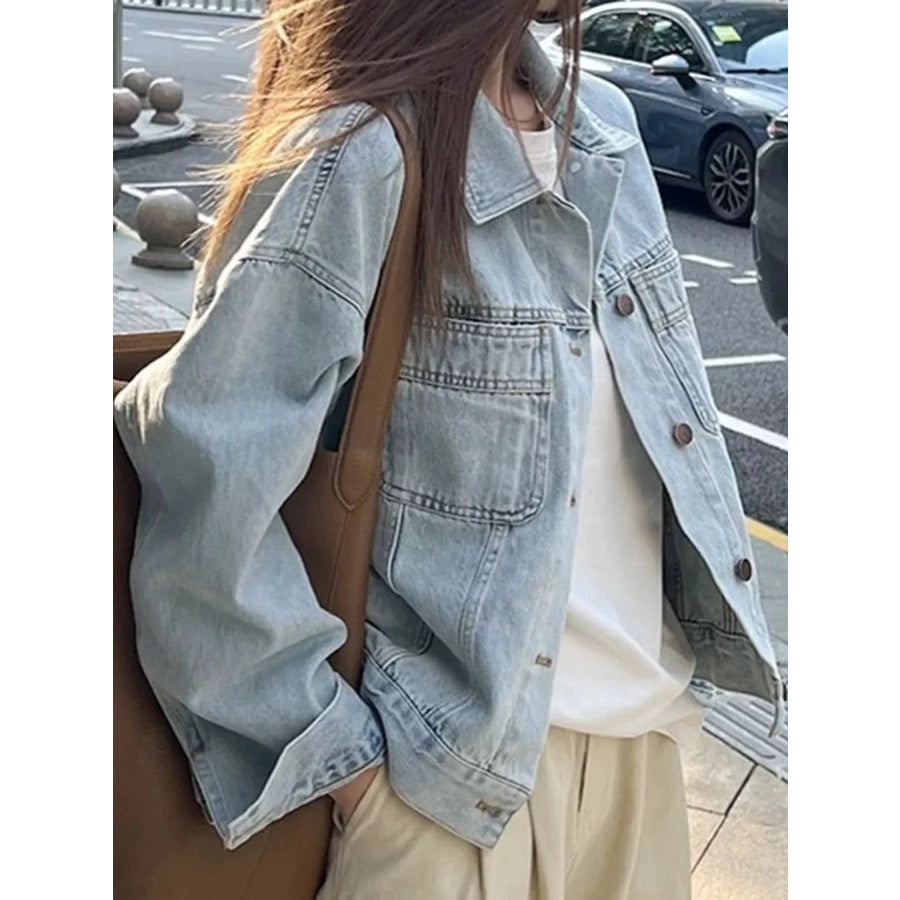 Button Up Dropped Shoulder Denim Jacket Blue / S Apparel and Accessories