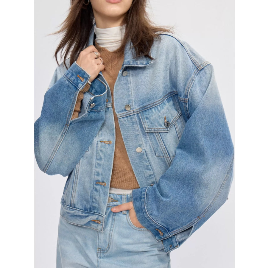 Button Up Dropped Shoulder Denim Jacket Blue / S Apparel and Accessories