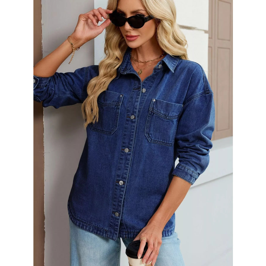 Button Up Dropped Shoulder Denim Jacket Blue / S Apparel and Accessories