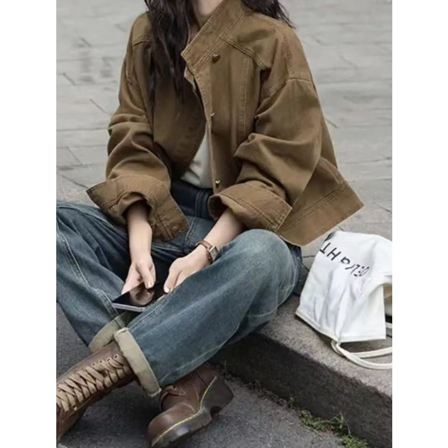 Button Up Dropped Shoulder Denim Jacket Brown / S Apparel and Accessories