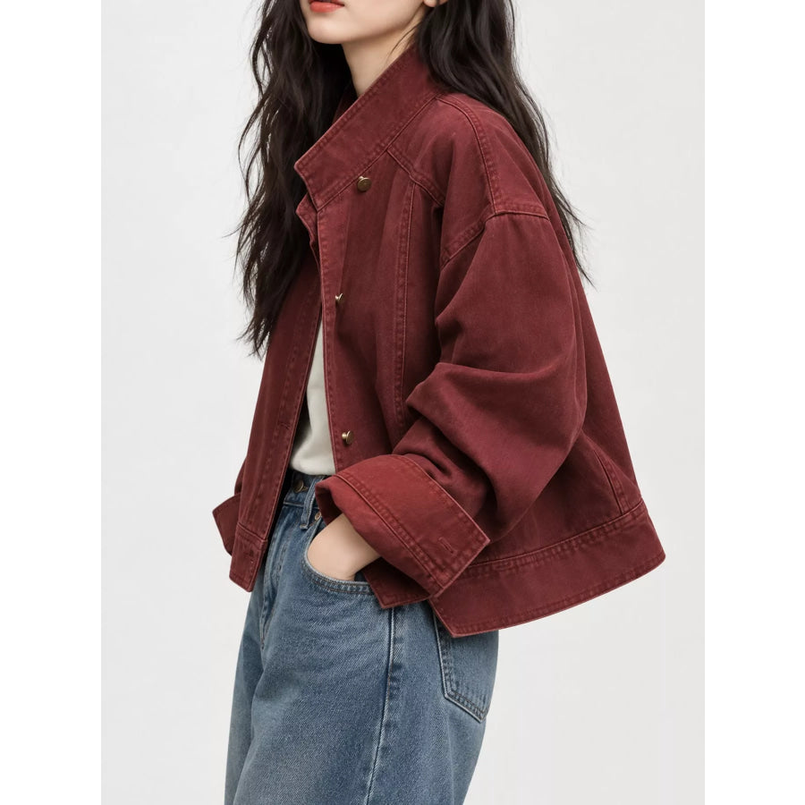 Button Up Dropped Shoulder Denim Jacket Burgundy / S Apparel and Accessories