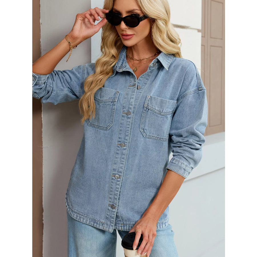 Button Up Dropped Shoulder Denim Jacket Light Blue / S Apparel and Accessories