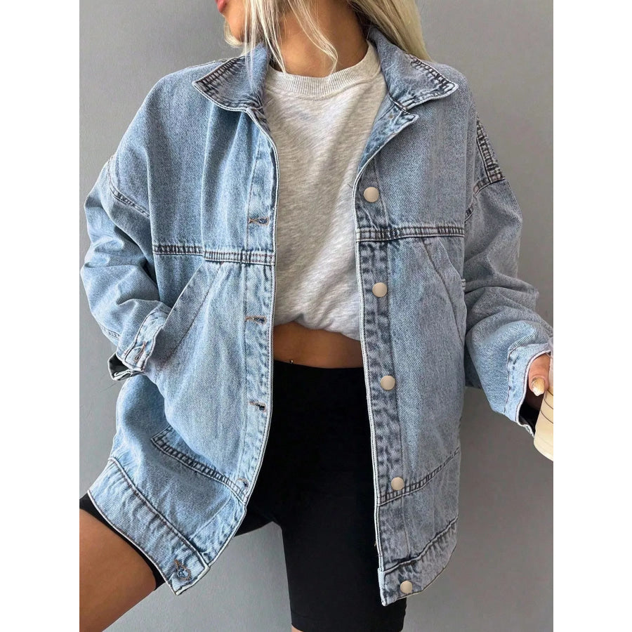 Button Up Dropped Shoulder Denim Jacket Light Blue / XS Apparel and Accessories