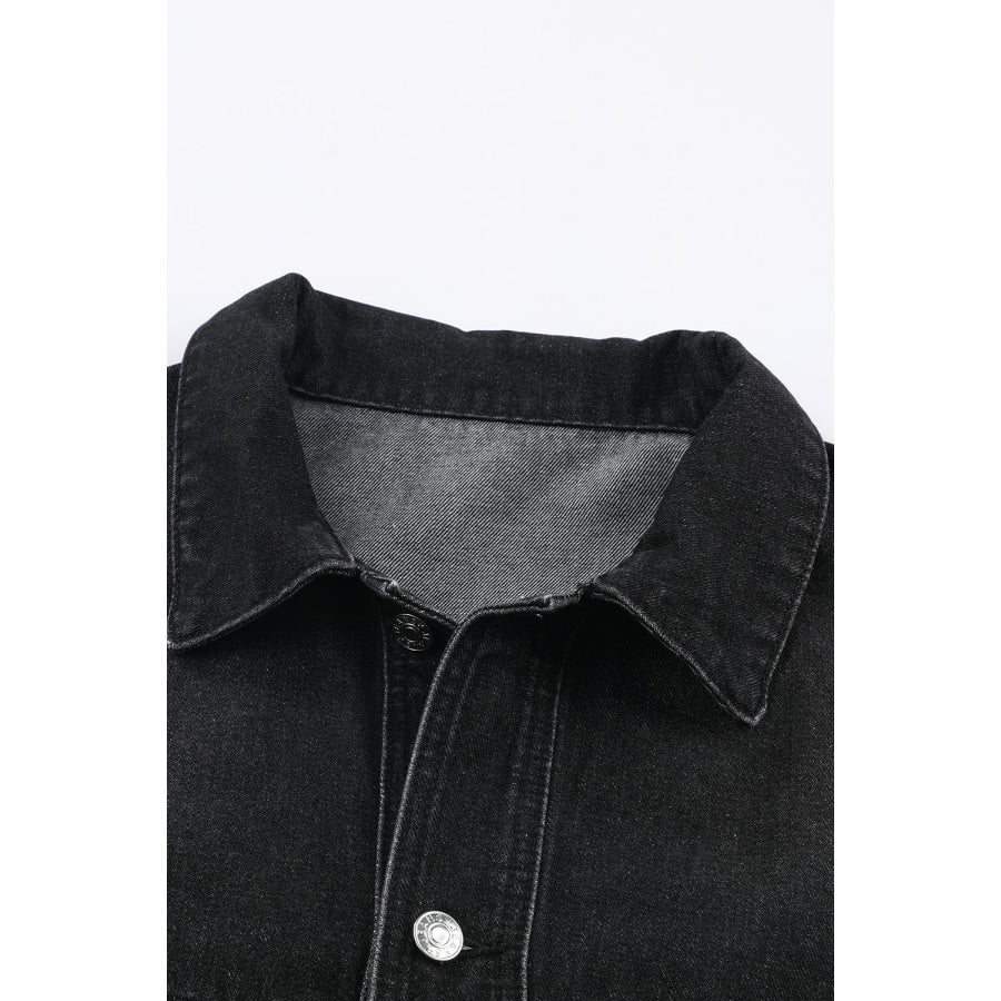 Button Up Dropped Shoulder Denim Jacket with Pockets Apparel and Accessories