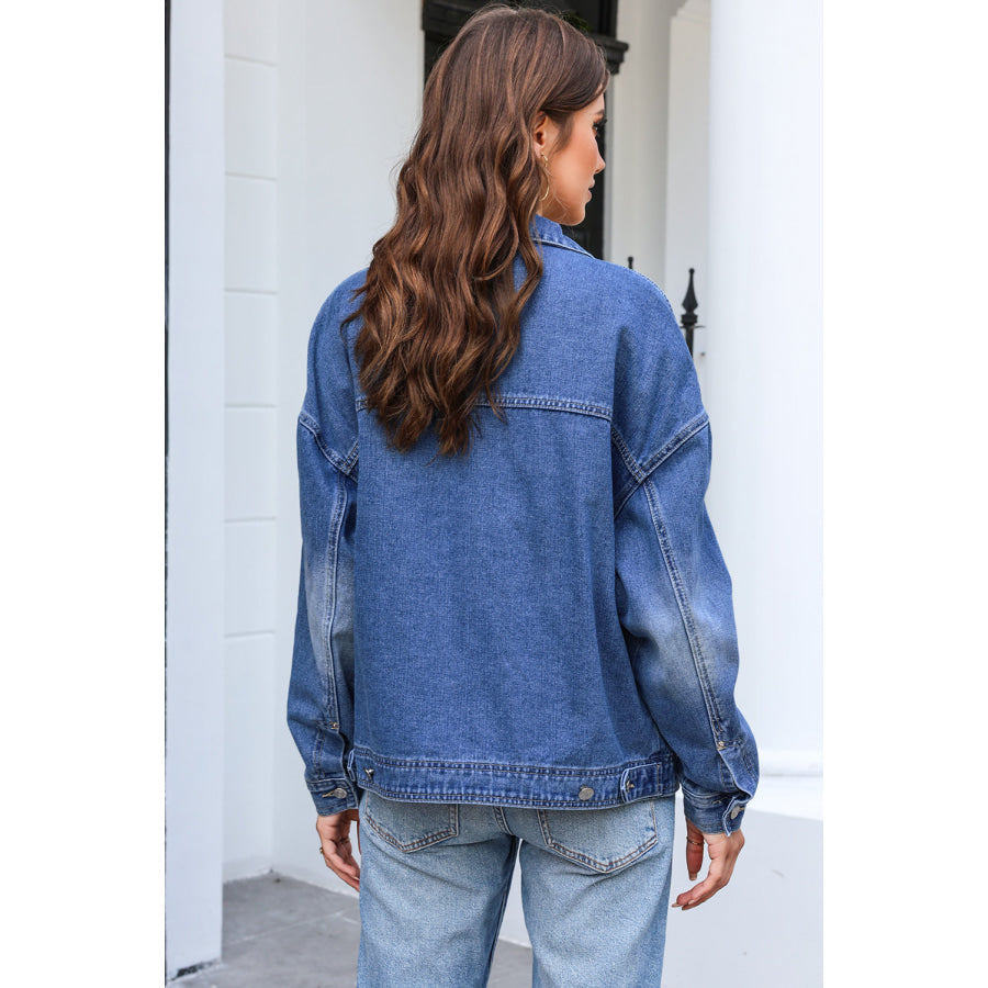 Button Up Dropped Shoulder Denim Jacket with Pockets Apparel and Accessories