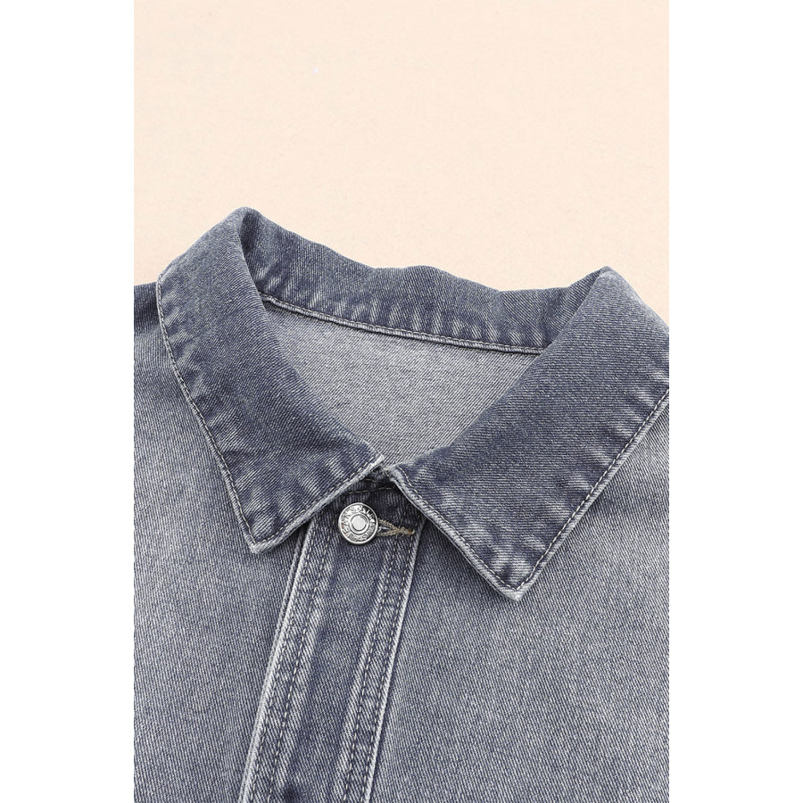 Button Up Dropped Shoulder Denim Jacket with Pockets Apparel and Accessories