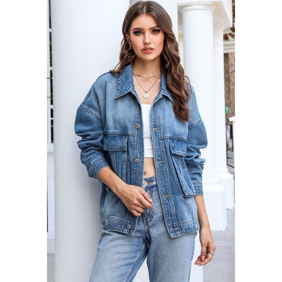 Button Up Dropped Shoulder Denim Jacket with Pockets Apparel and Accessories