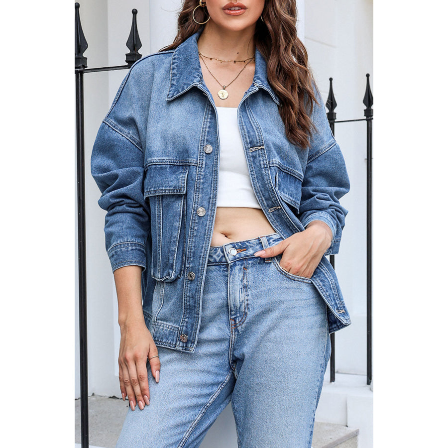 Button Up Dropped Shoulder Denim Jacket with Pockets Peacock Blue / S Apparel and Accessories