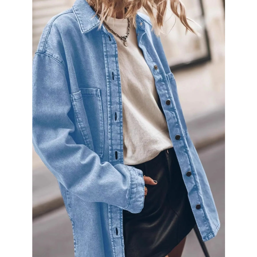 Button Up Dropped Shoulder Denim Shacket Apparel and Accessories