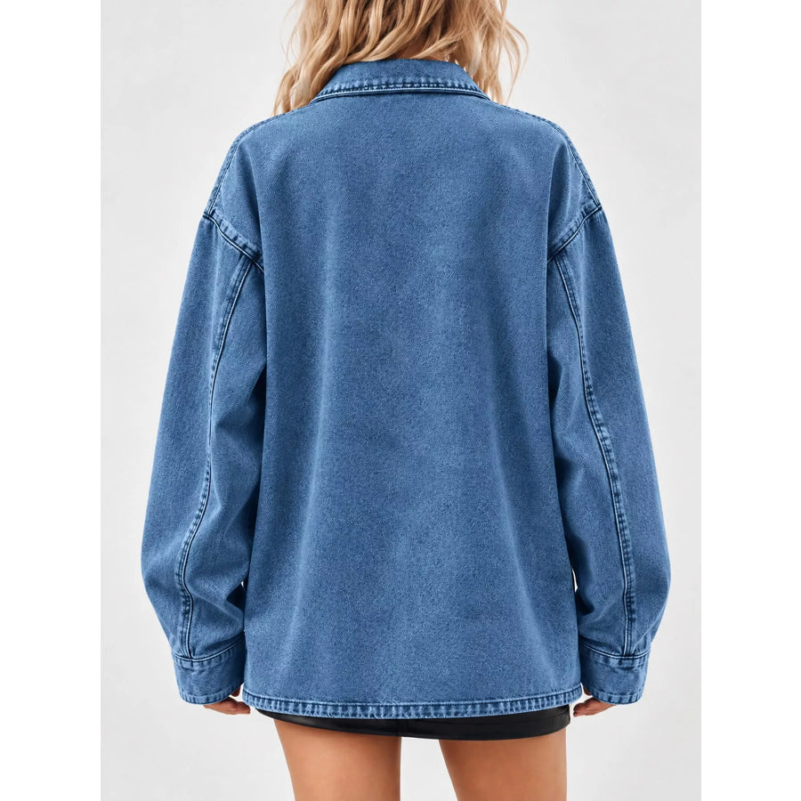 Button Up Dropped Shoulder Denim Shacket Apparel and Accessories