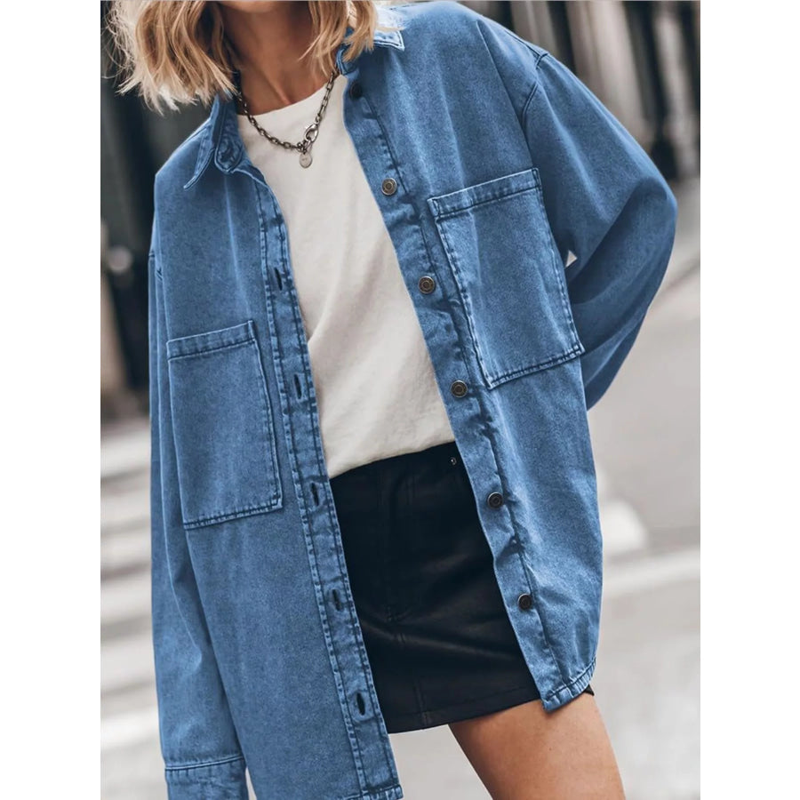 Button Up Dropped Shoulder Denim Shacket Apparel and Accessories